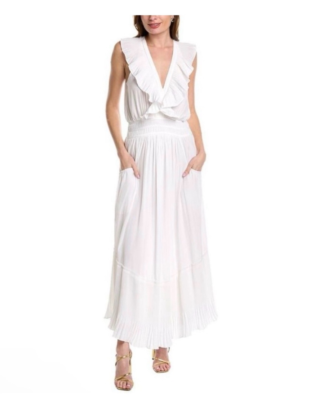 Ramy Brook Womens Camden Ivory Pleated V-Neck Full-Length Maxi Dress large